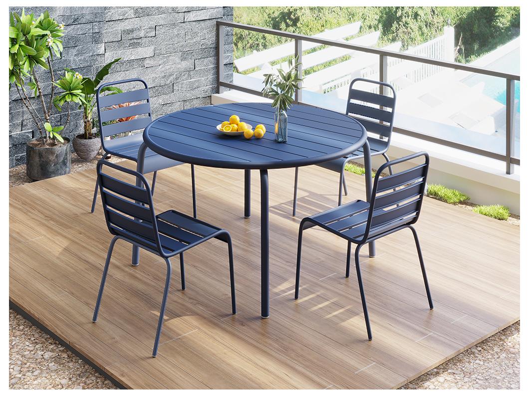 Salle à manger de jardin en métal - une table D.110 cm et 4 chaises empilables - Bleu nuit - MIRMANDE de MYLIA