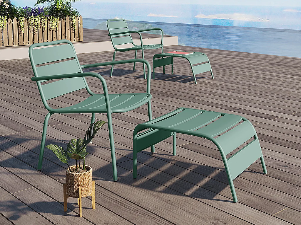 Fauteuil bas de jardin empilable + repose pied en métal - Vert amande - MIRMANDE de MYLIA