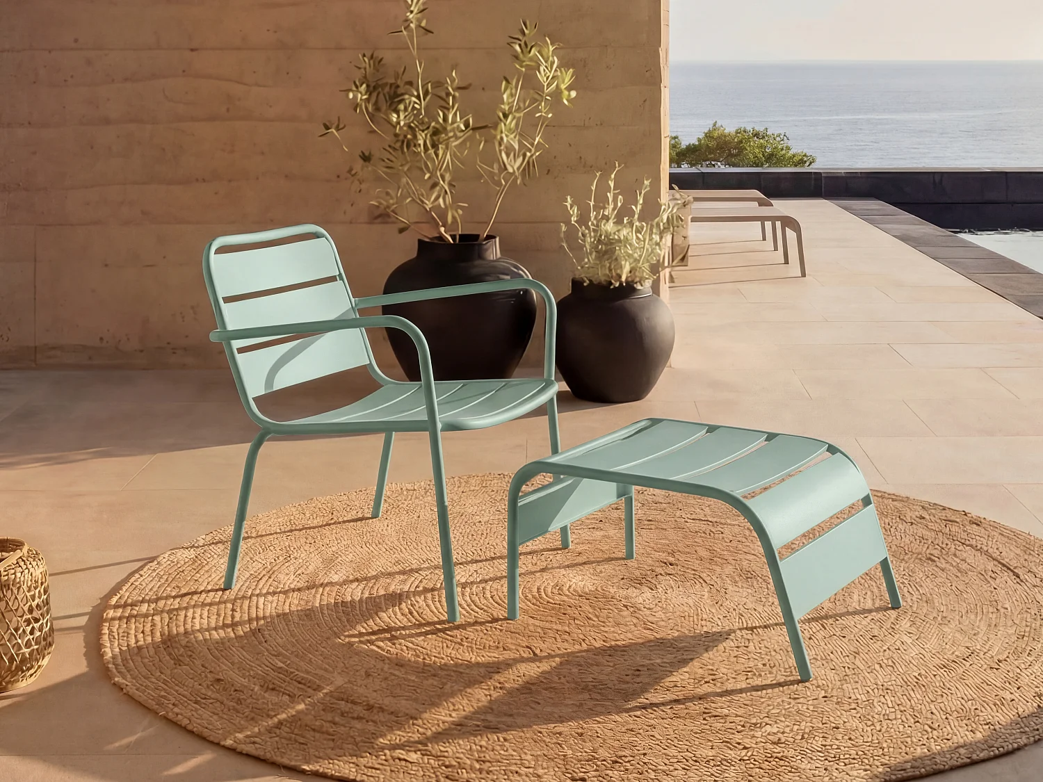 Stackable low garden armchair + metal footrest - Almond green - MIRMANDE by MYLIA
