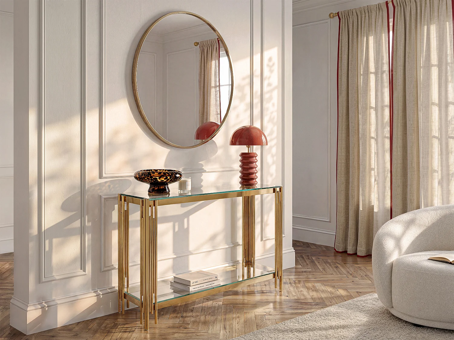 Console avec 1 étagère en verre trempé et acier inoxydable - Doré - NOMELANO