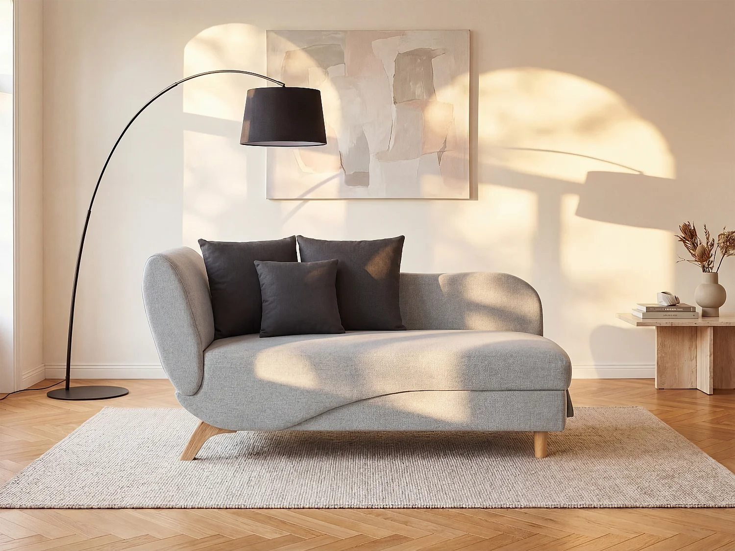 Straight convertible chaise longue in light grey fabric with storage ottoman PENELOPE