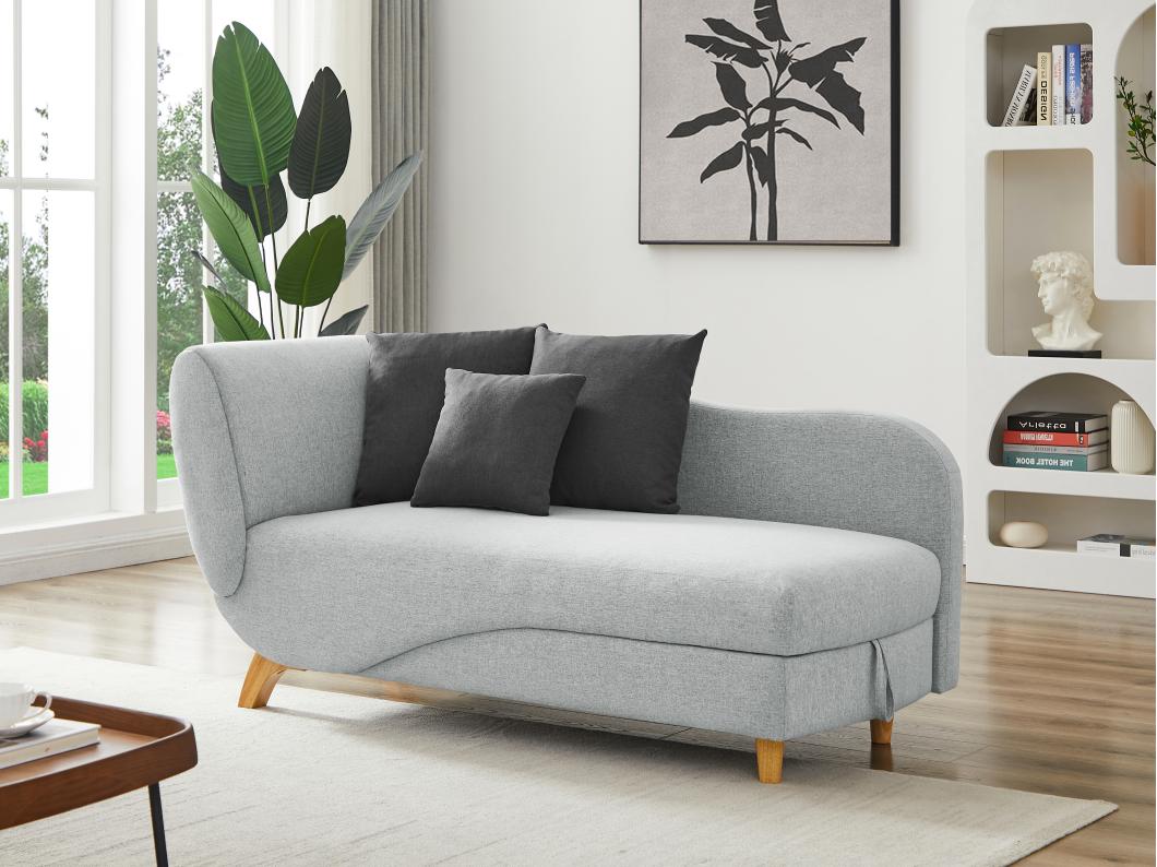 Méridienne droite convertible en tissu gris clair avec coffre de rangement PENELOPE