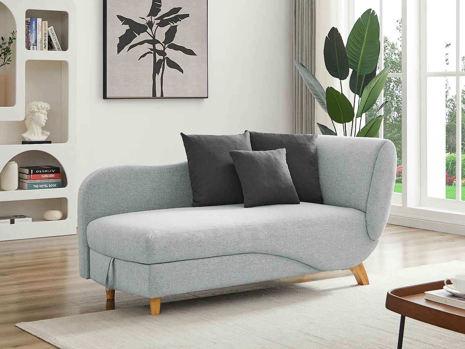Méridienne gauche convertible en tissu gris clair avec coffre de rangement PENELOPE
