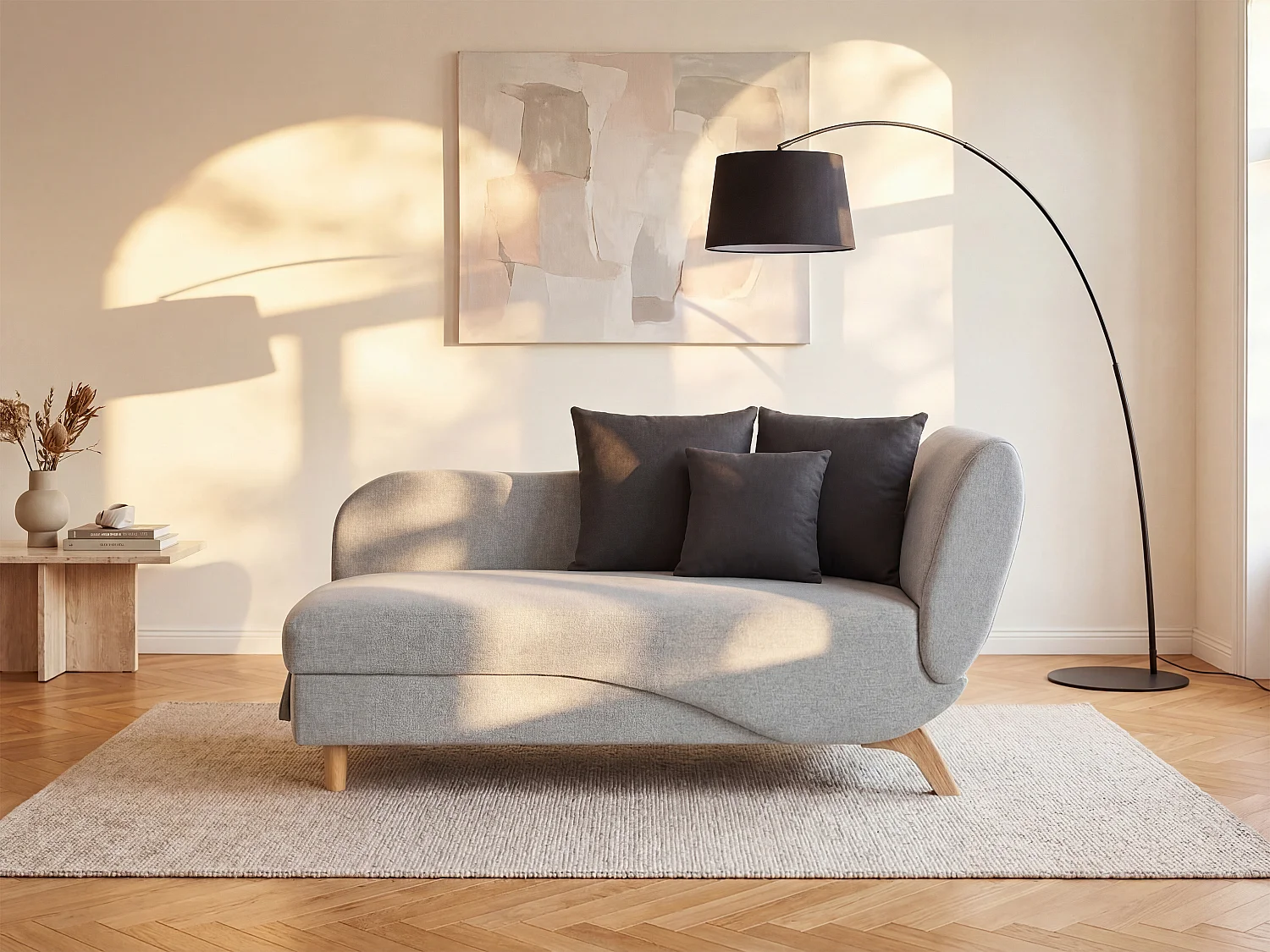 Chaise-longue esquerda  convertível em tecido cinza-claro com espaço de arrumação - PENELOPE