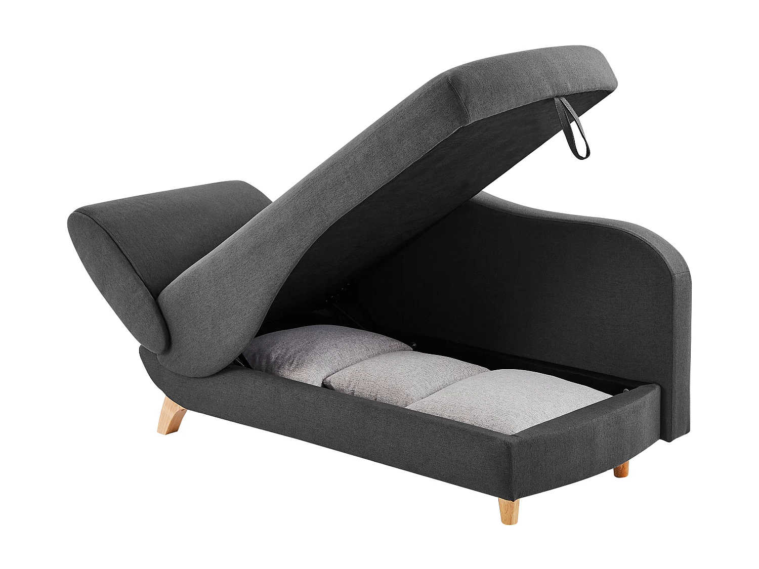Méridienne droite convertible en tissu anthracite avec coffre de rangement PENELOPE