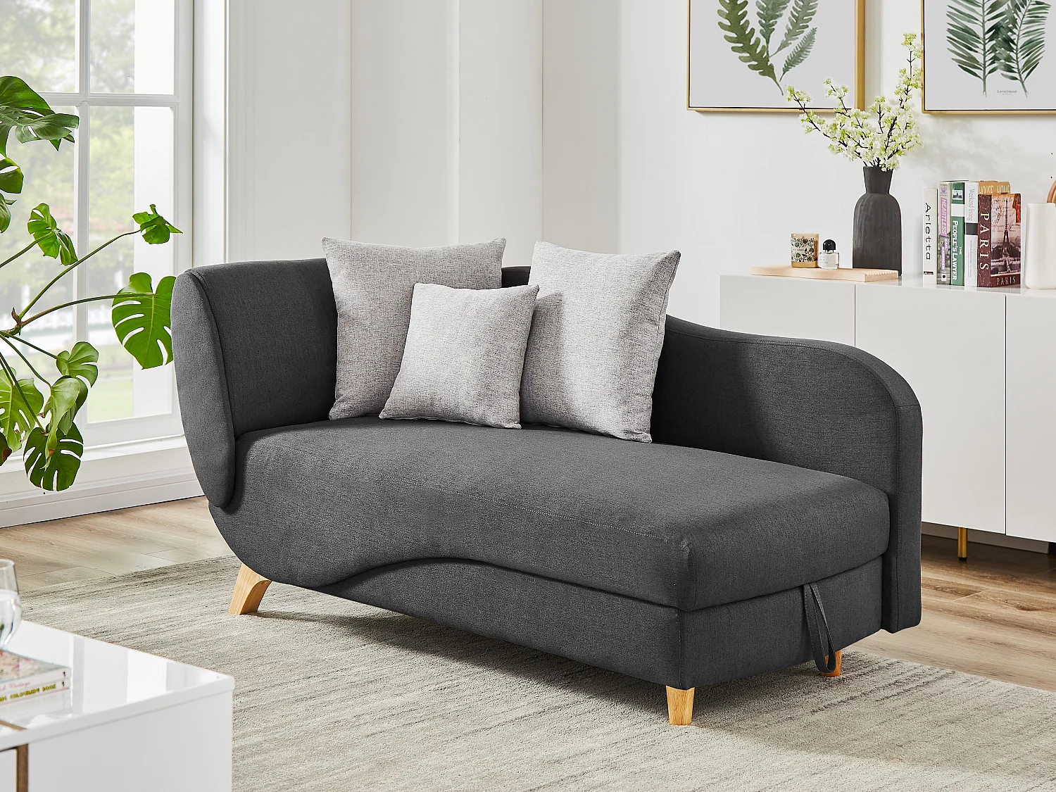 Méridienne droite convertible en tissu anthracite avec coffre de rangement PENELOPE
