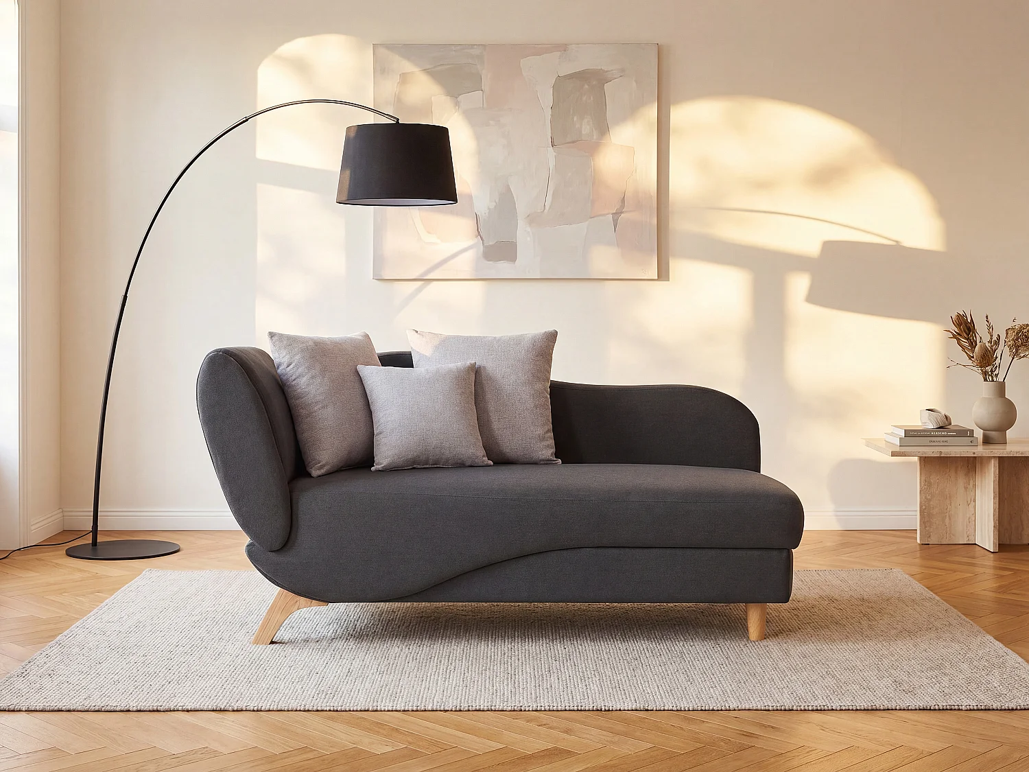 Straight convertible chaise longue in anthracite fabric with storage chest PENELOPE