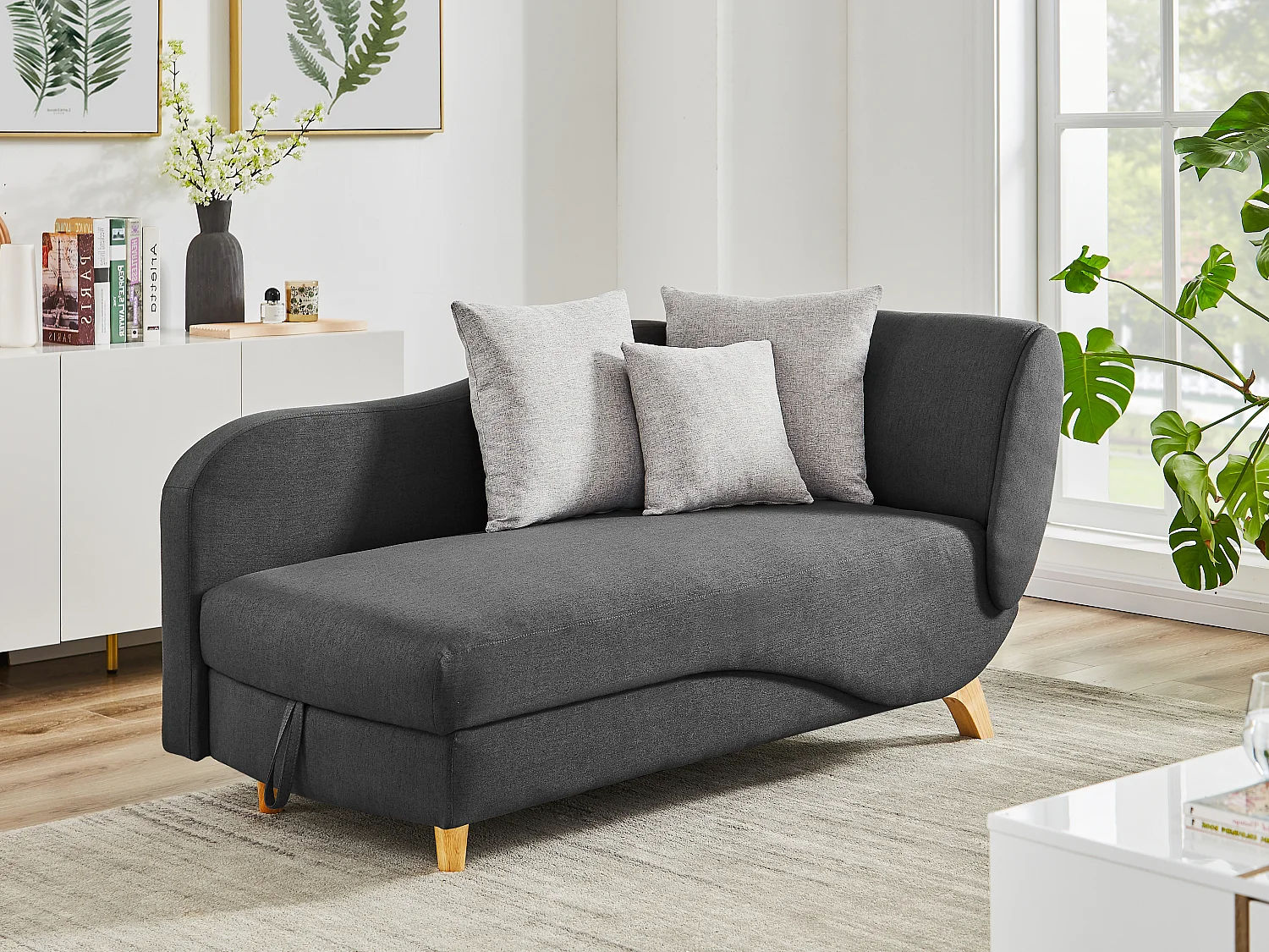 Méridienne gauche convertible en tissu anthracite avec coffre de rangement PENELOPE