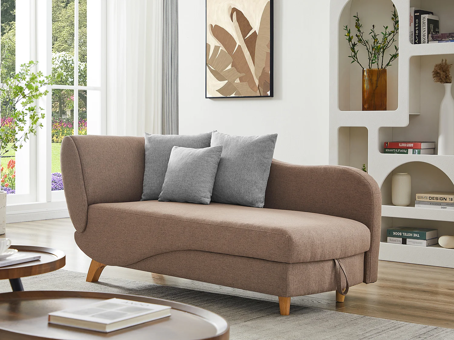 Méridienne droite convertible en tissu marron avec coffre de rangement PENELOPE