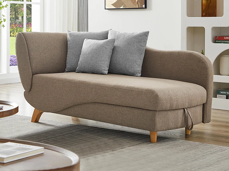 Méridienne droite convertible en tissu marron avec coffre de rangement PENELOPE