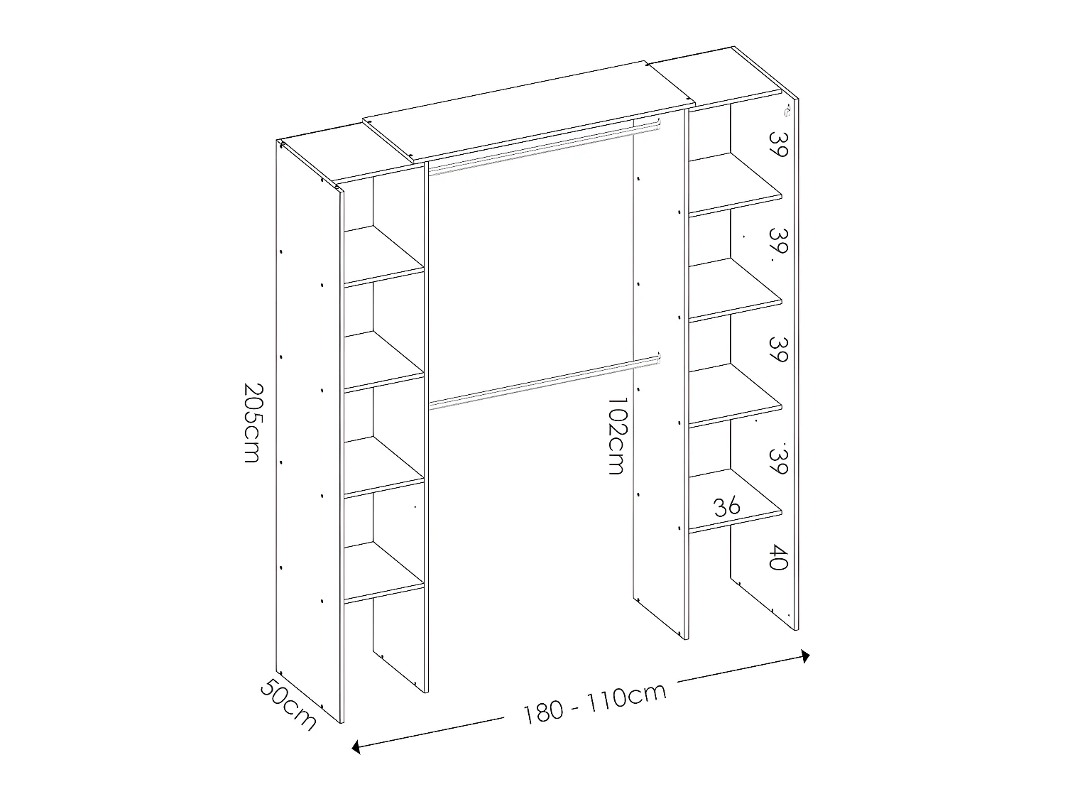 Verstelbare kledingkast DORIAN - L164/234 cm - Eikenkleur en grijs