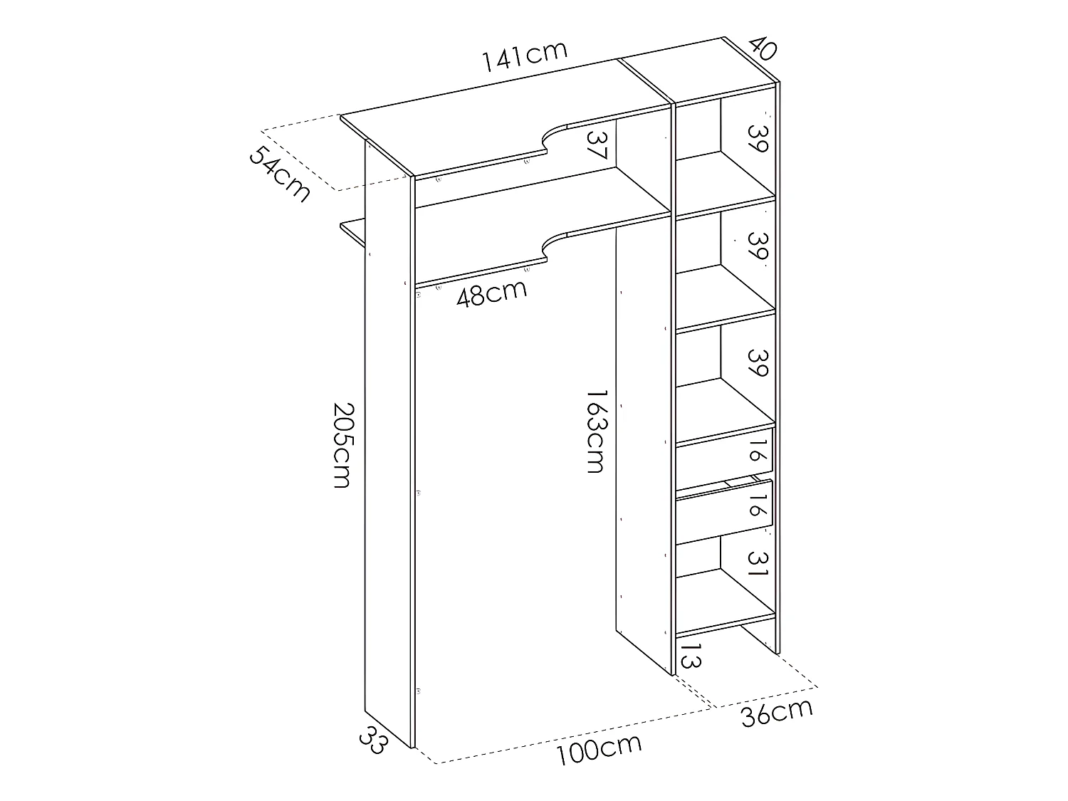 Verstelbare kledingkast DORIAN - L164/234 cm - Eikenkleur en grijs