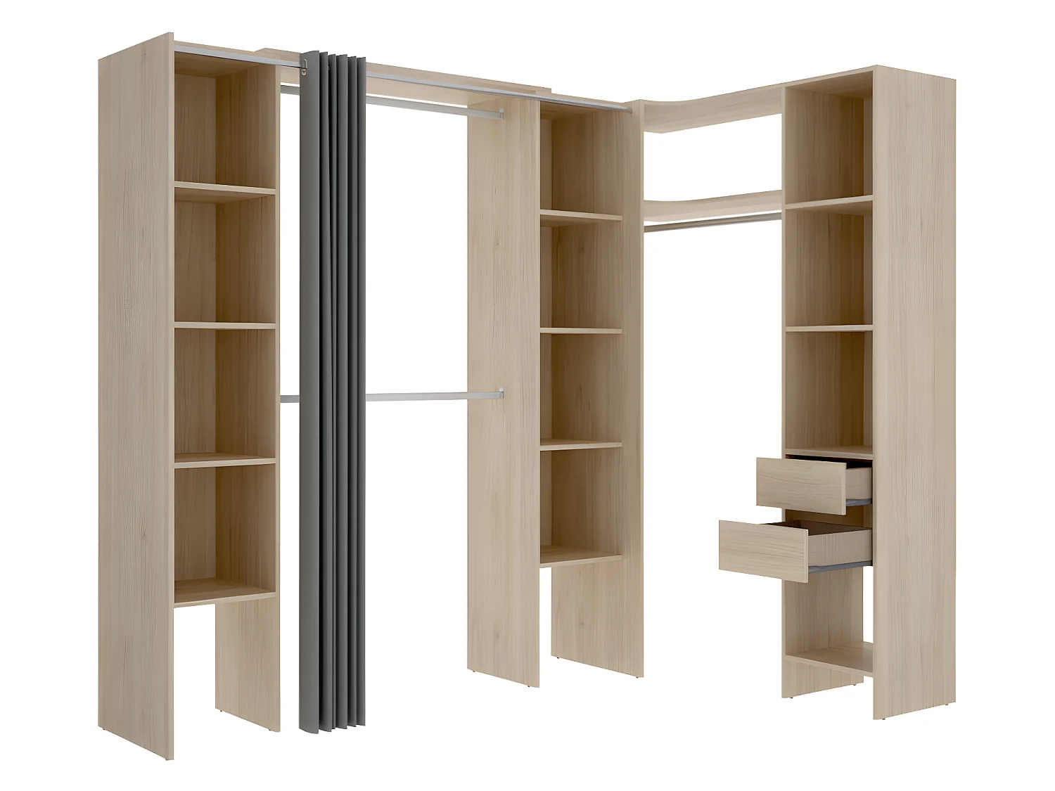 Rozkładana, narożna garderoba DORIAN – długość 164/234 cm – kolor dębowy i szary