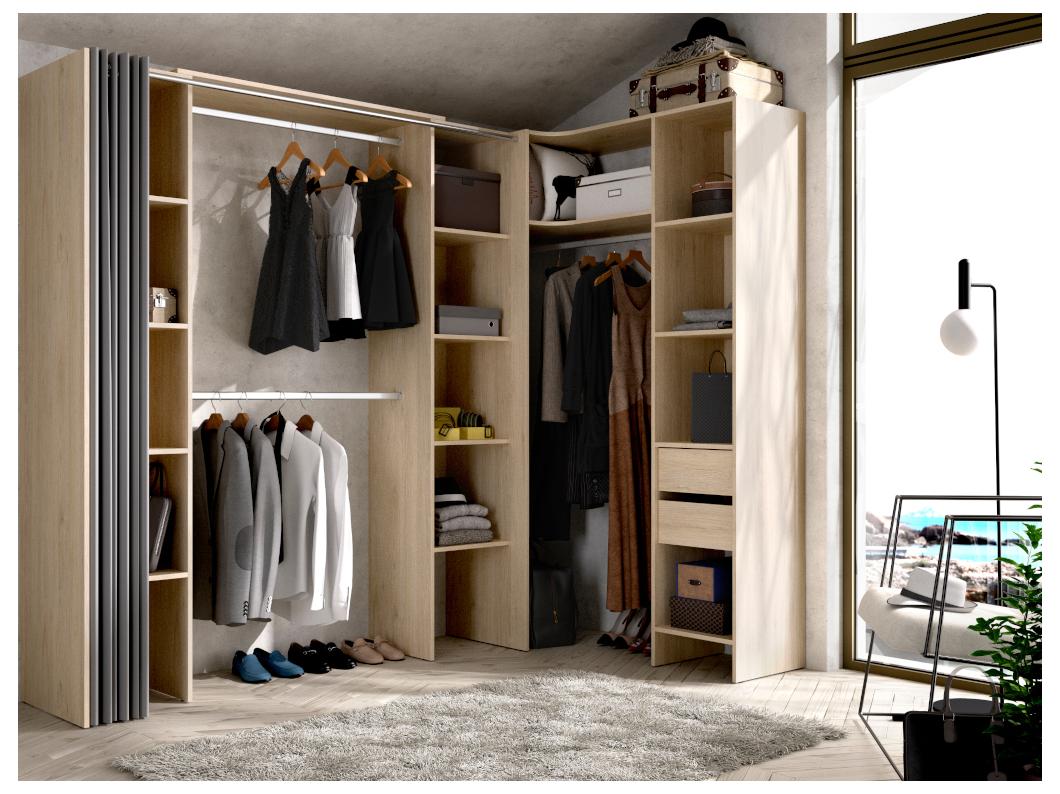 Armario ropero de esquina extensible DORIAN - Ancho 164/234 cm - roble y gris