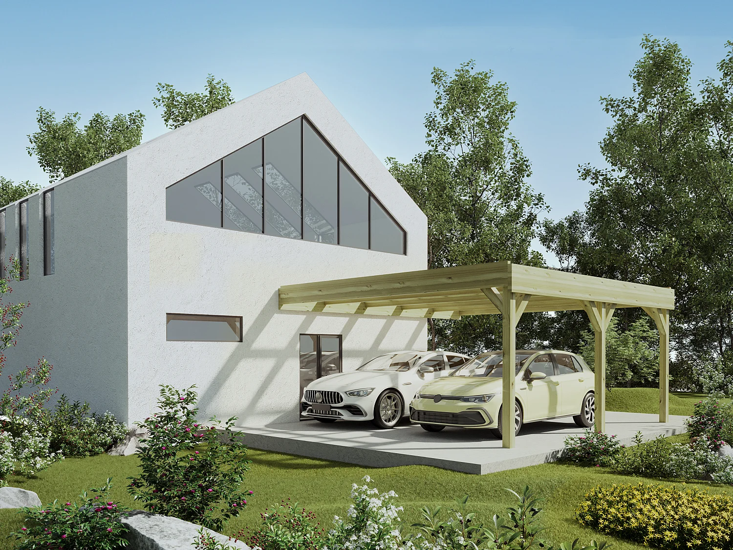 Carport pergola double adossé en bois traité - 2 voitures - 29,3 m² - ARTEMIDA de Expertland