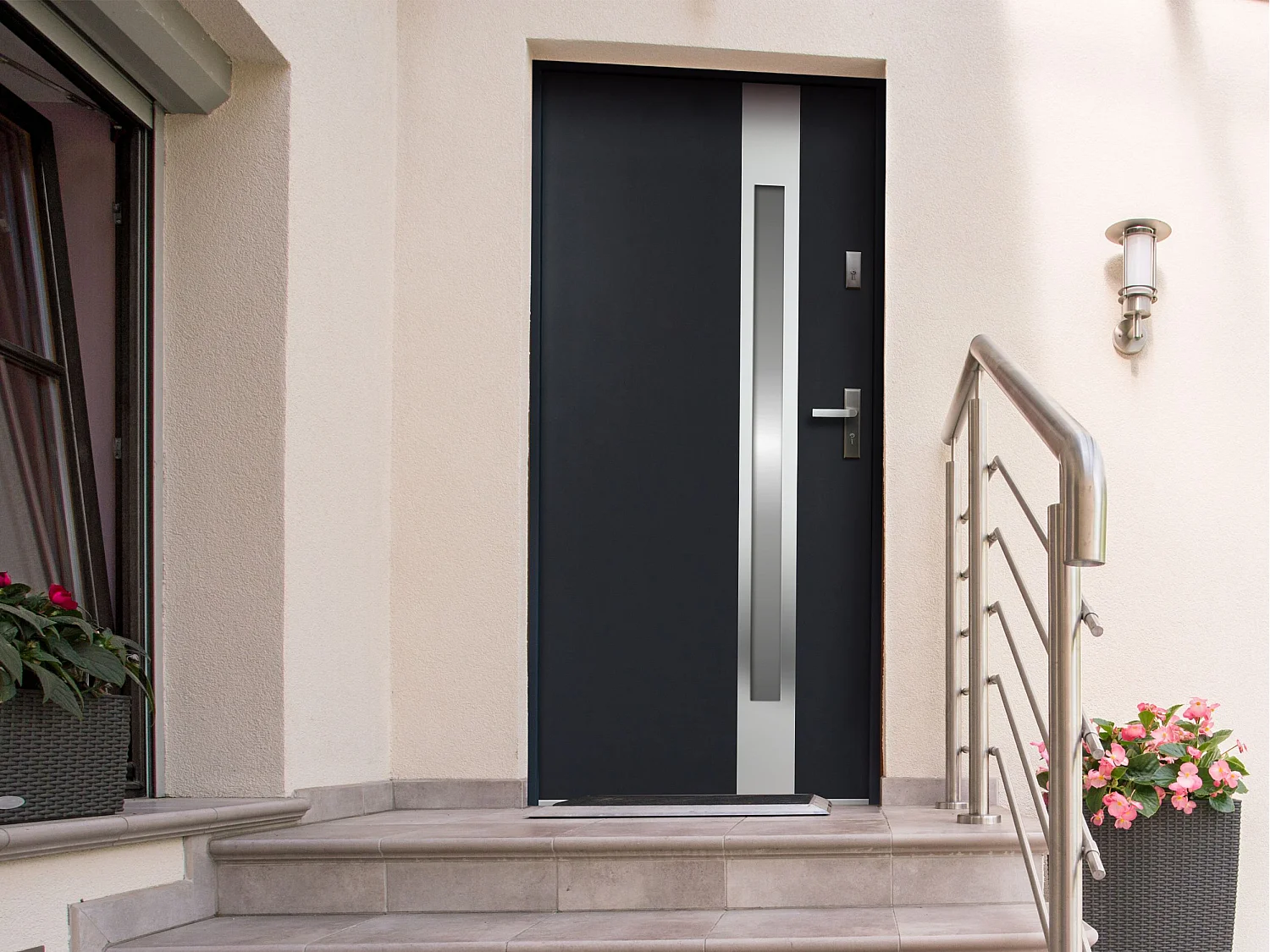Porte d'entrée en acier vitrée avec inox H207 x L100 cm - verre dépoli - anthracite - poussant gauche - BRAGA