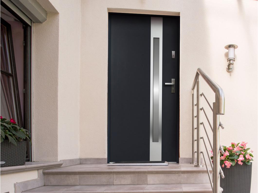 Puerta de entrada de acero acristalada con inox Alt. 207 x Ancho 100 cm antracita - se abre hacia la izquierda BRAGA