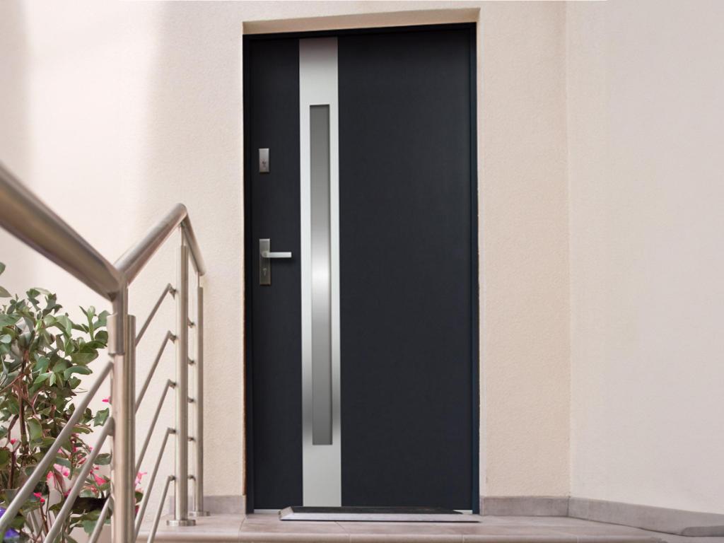 Porte d'entrée en acier vitrée avec inox H207 x L100 cm - verre dépoli - anthracite - poussant droit - BRAGA