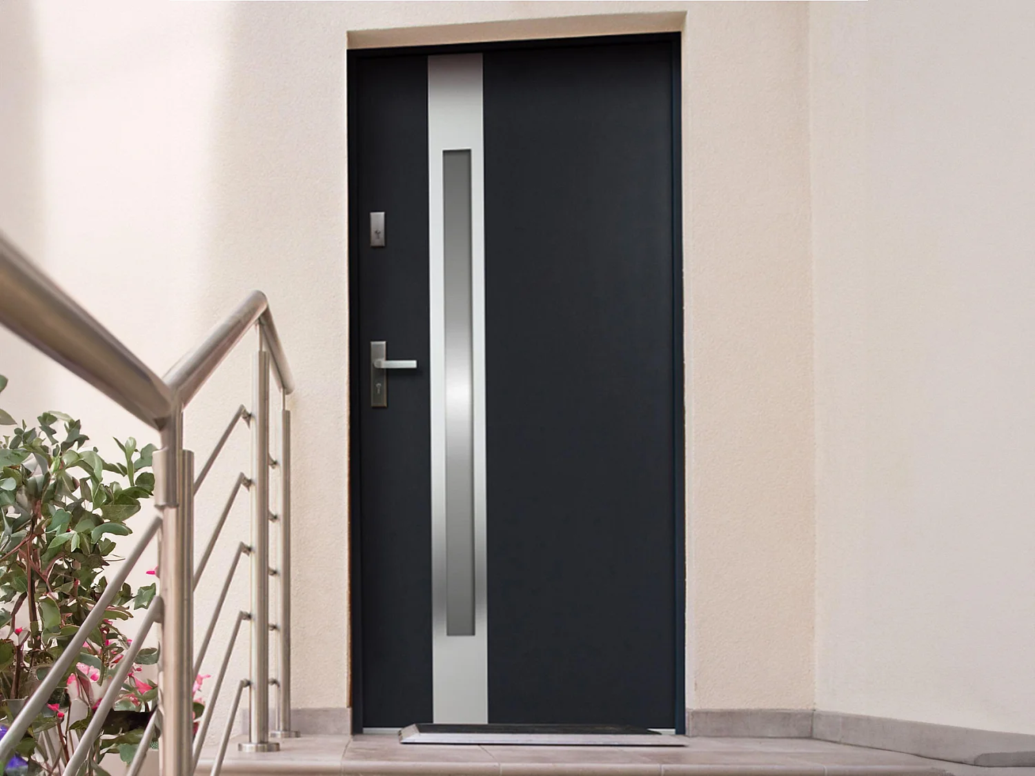 Porte d'entrée en acier vitrée avec inox H207 x L100 cm - verre dépoli - anthracite - poussant droit - BRAGA