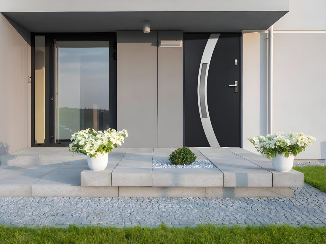 vente unique Porte d'entrée en acier vitrée avec inox H207 x L100 cm anthracite - poussant gauche - TROFA