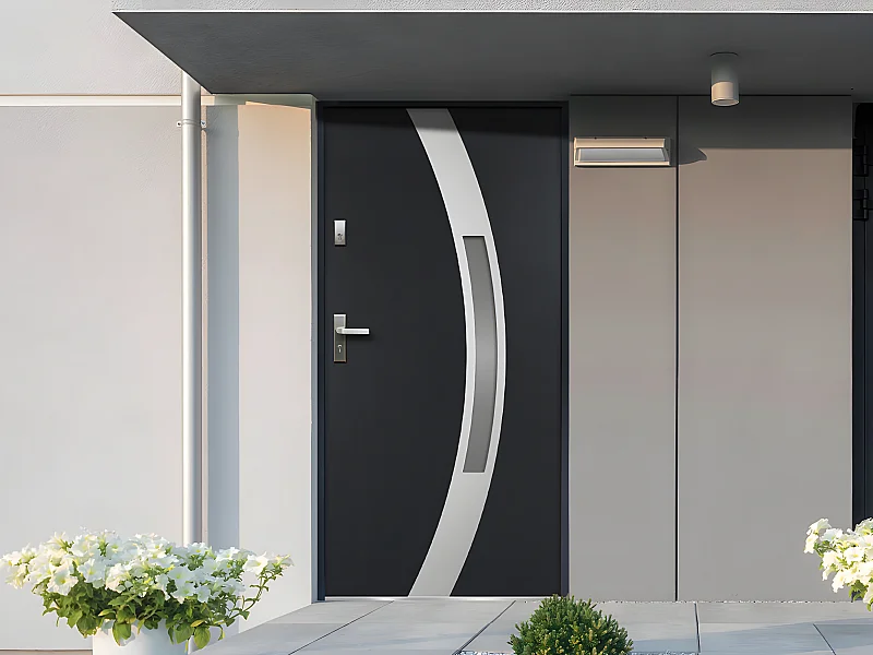 Porte d'entrée en acier vitrée avec inox H207 x L100 cm anthracite - poussant droit - TROFA