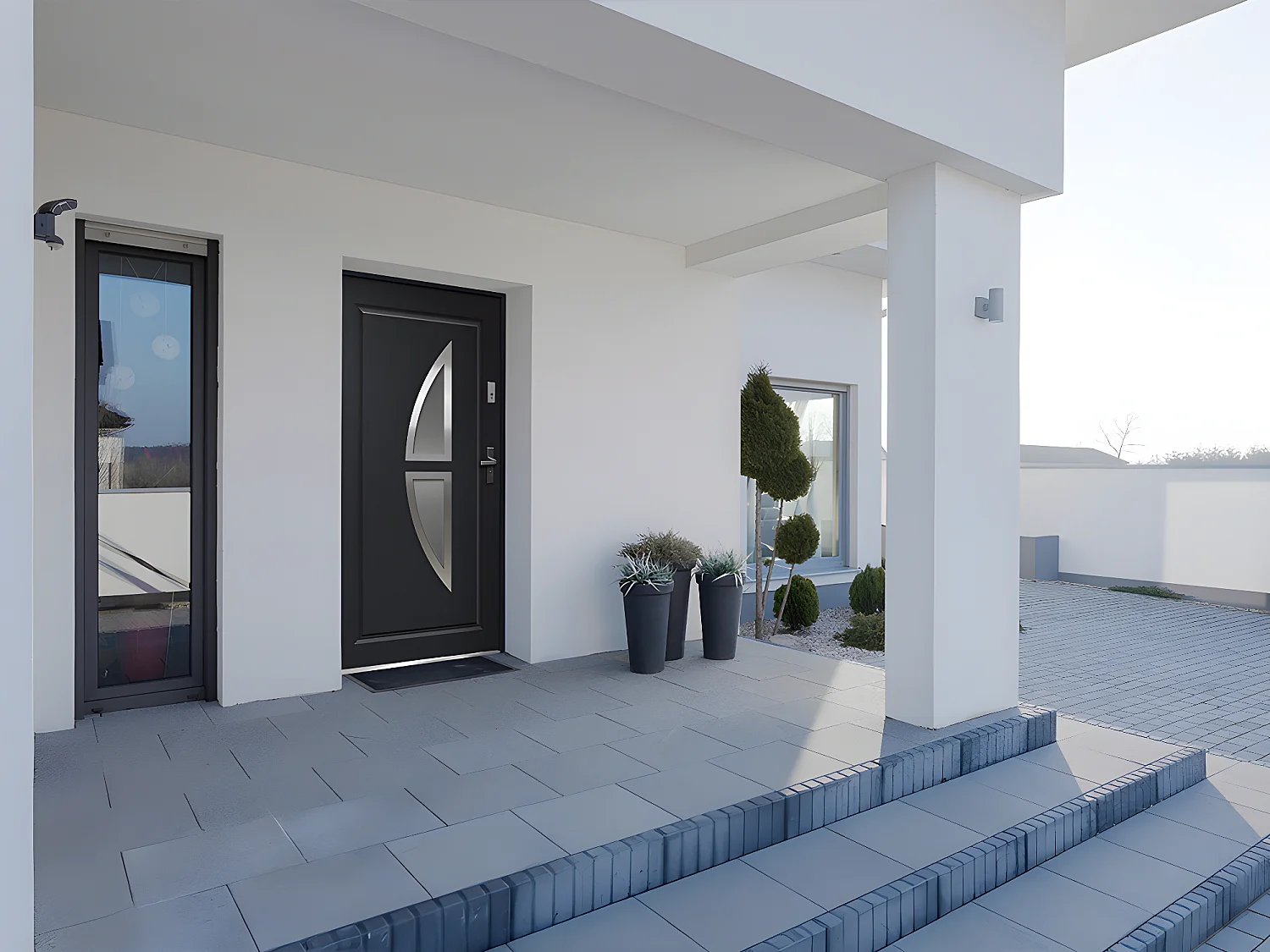 Porta de entrada em aço envidraçado com inox de A.207 x L.100 cm cor antracite com abertura para a esquerda - COVAS