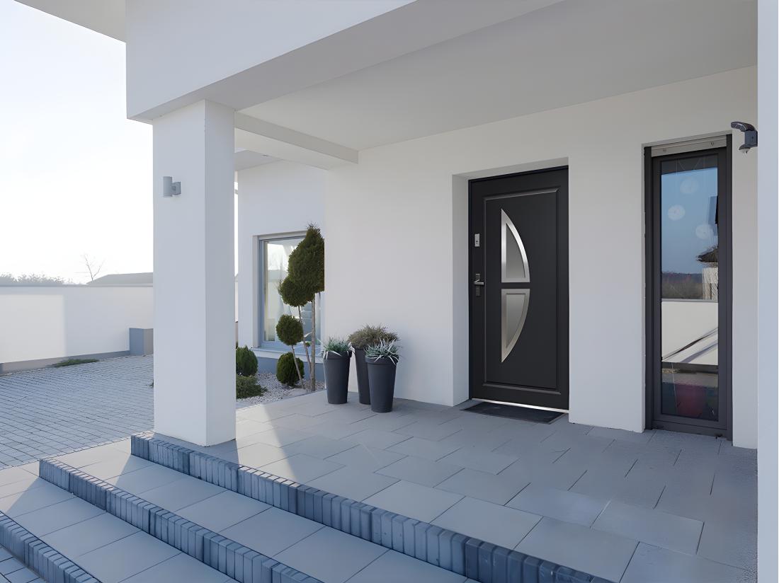 vente unique Porte d'entrée en acier vitrée avec inox H207 x L100 cm anthracite - poussant droit - COVAS