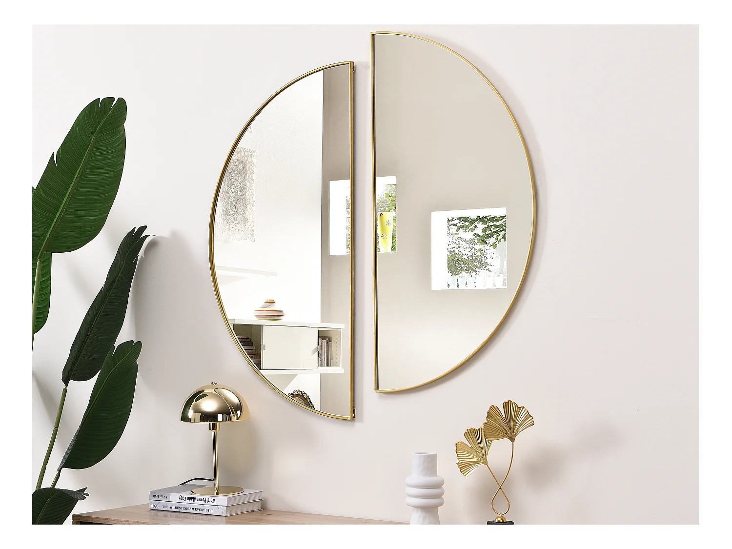 Espejo semicircular design de metal - Ancho 50 x Alt. 100 cm - Dorado - GAVRA