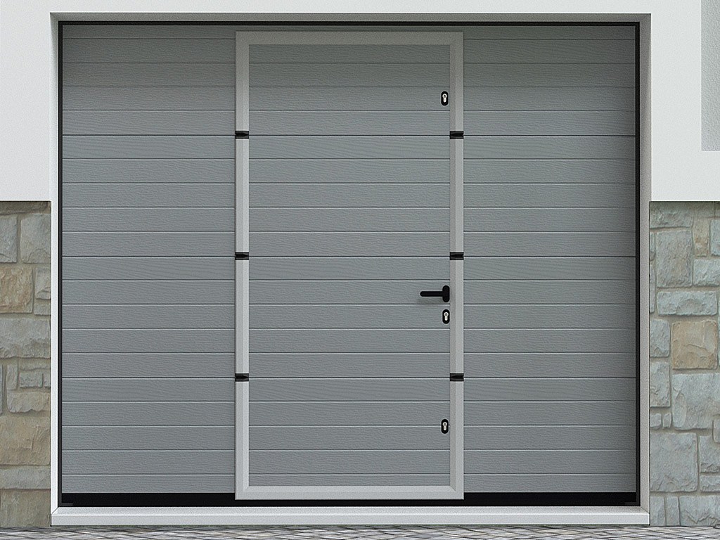 Porte de garage sectionnelle motorisée avec portillon - effet rainuré