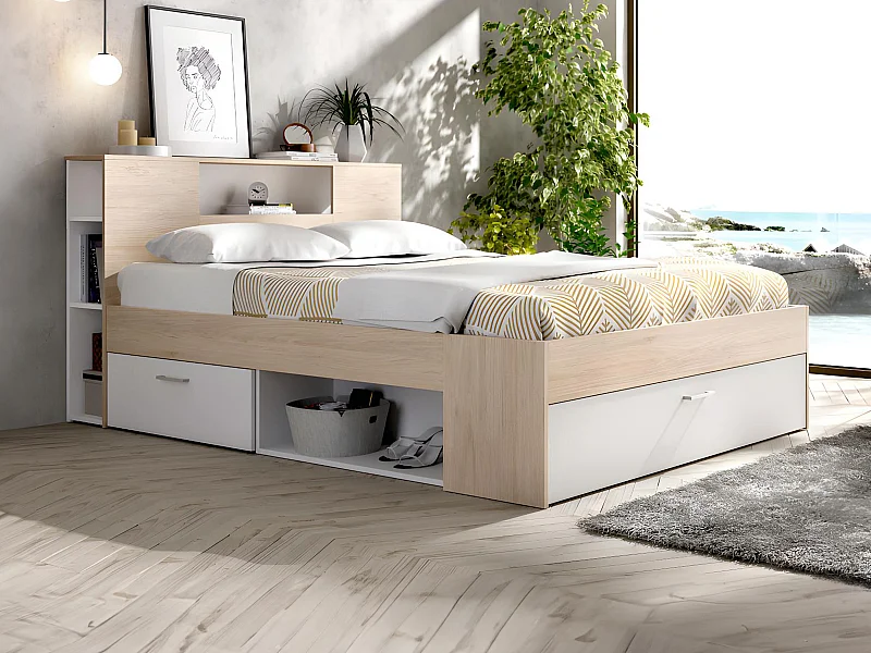 Lit avec tête de lit rangements et tiroirs - 140 x 190 cm - Coloris : Naturel et blanc - LEANDRE