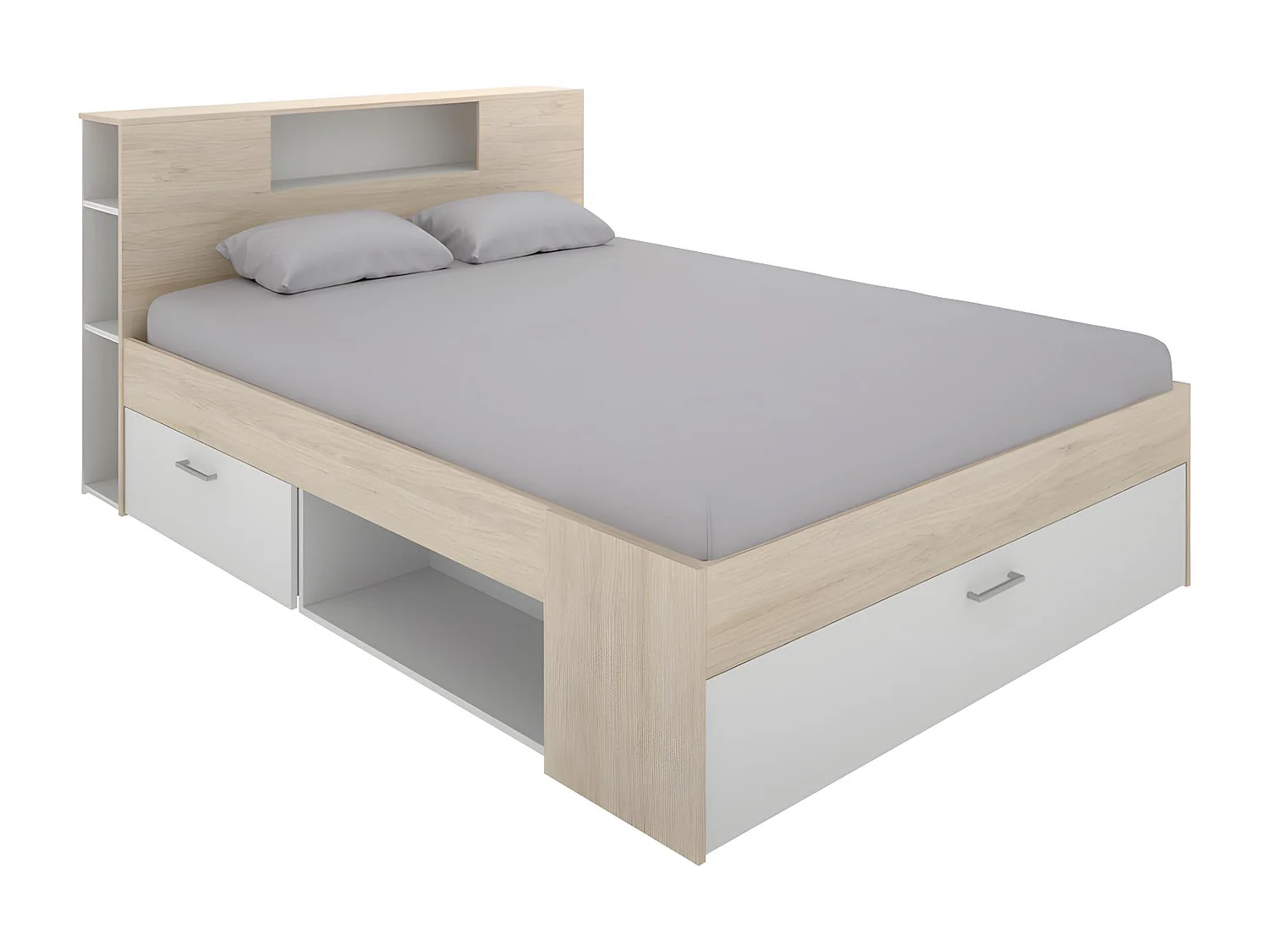 Letto con testata, vani portaoggetti e cassetti 140 x 190 cm Bianco e Naturale - LEANDRE