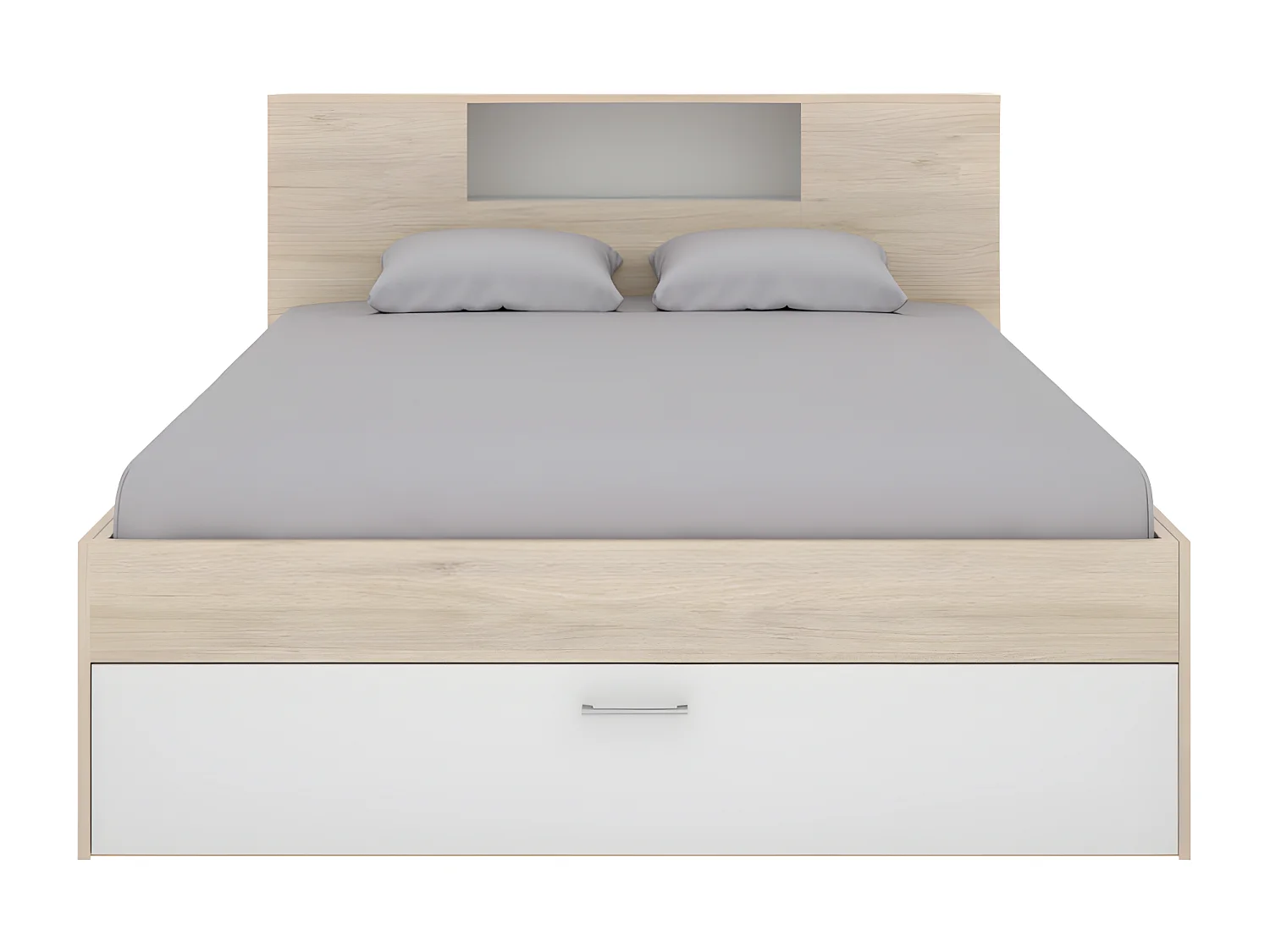 Letto con testata, vani portaoggetti e cassetti 140 x 190 cm Bianco e Naturale - LEANDRE
