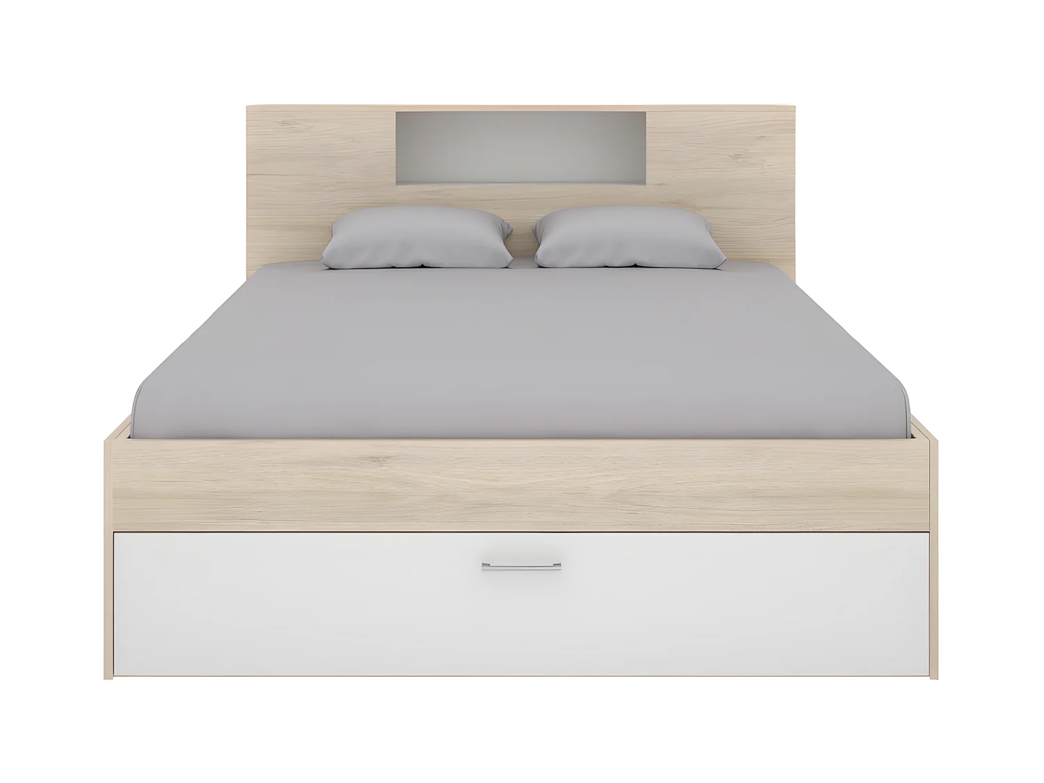 Cama con cabecero con compartimentos y cajones - 140 x 190 cm - blanco y natural - LEANDRE