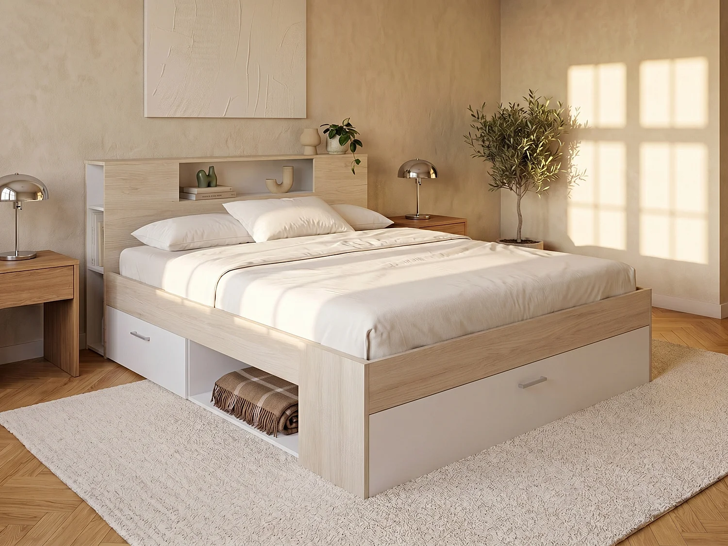 Lit avec tête de lit rangements et tiroirs - 140 x 190 cm - Coloris : Naturel et blanc - LEANDRE