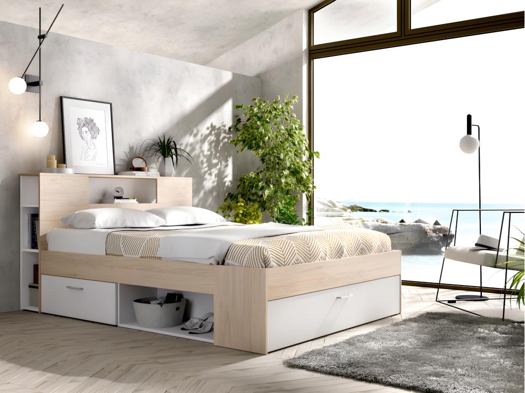 Lit avec tête de lit rangements et tiroirs - 140 x 190 cm - Coloris : Naturel et blanc - LEANDRE