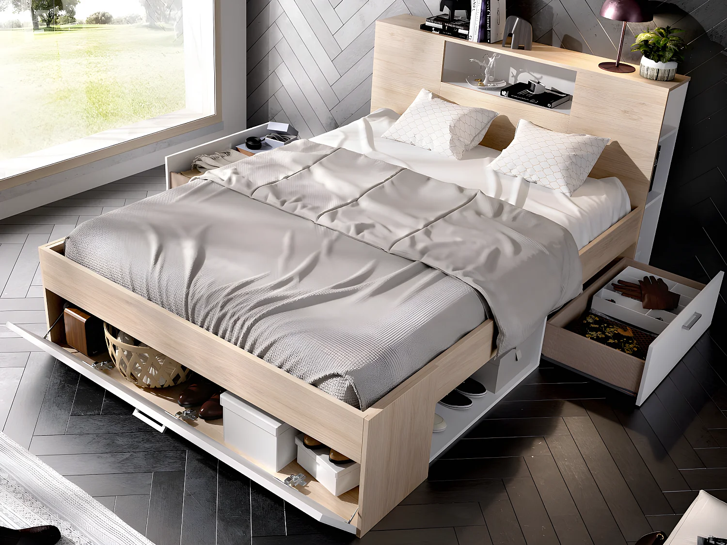 Bed met hoofdeinde, opbergruimte en lades - 160 x 200 cm - Wit en naturel - LEANDRE