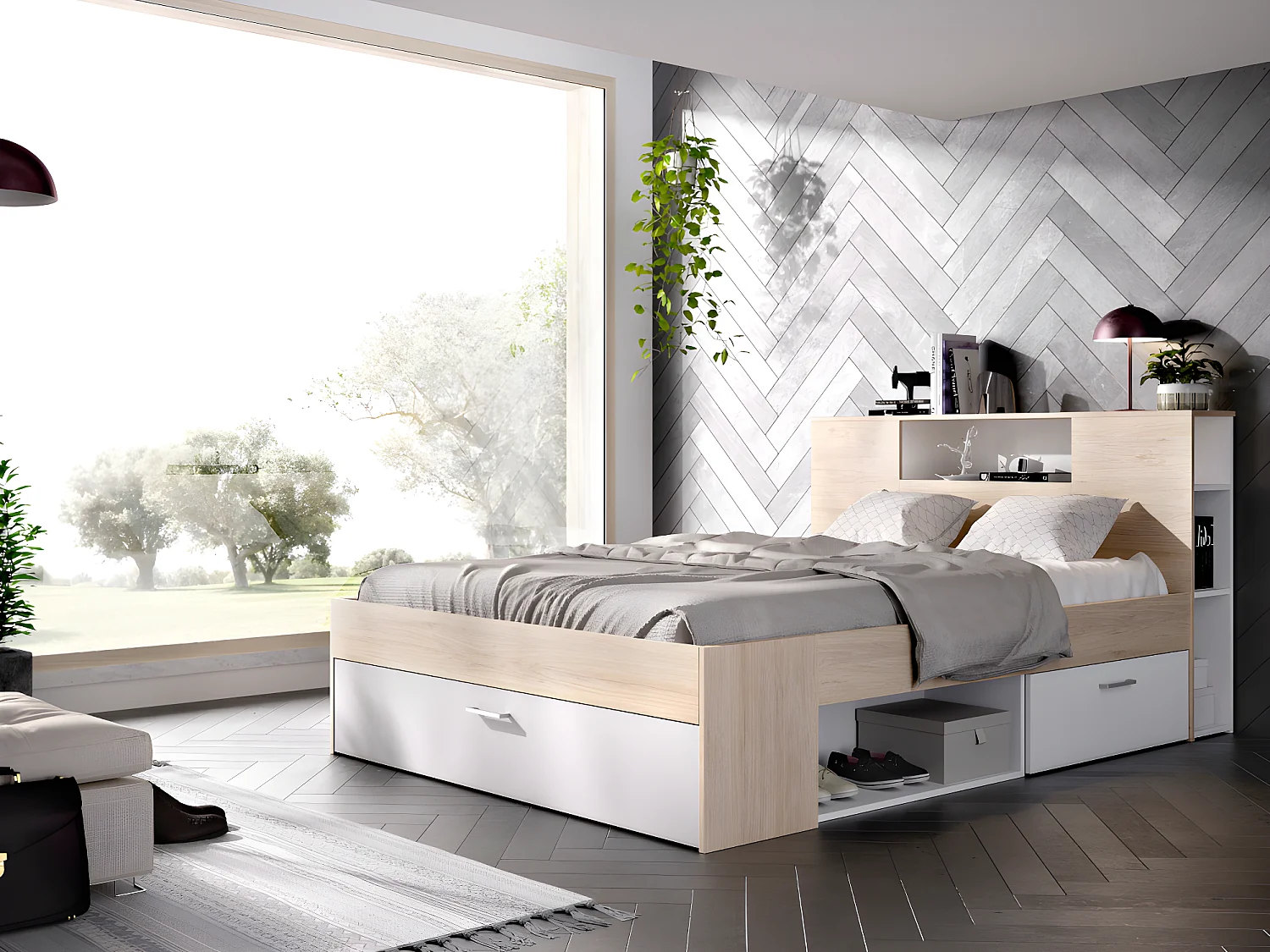 Bett mit Kopfteil, Stauraum & Schubladen - 160 x 200 cm - Weiß & Naturfarben - LEANDRE