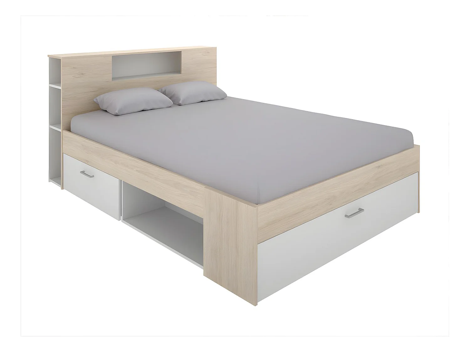 Lit avec tête de lit rangements et tiroirs - 160 x 200 cm - Coloris : Naturel et blanc - LEANDRE