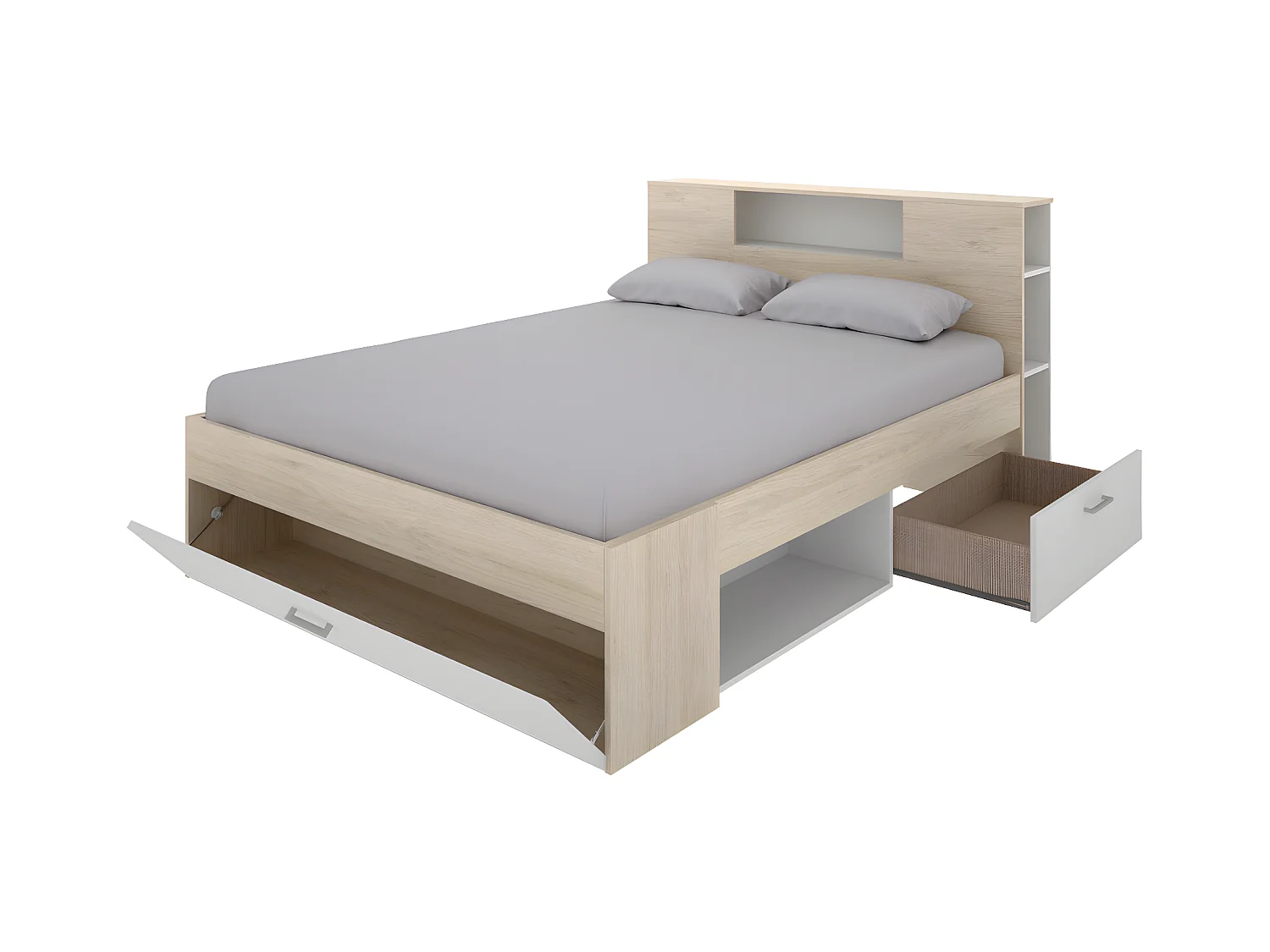 Lit avec tête de lit rangements et tiroirs - 160 x 200 cm - Coloris : Naturel et blanc - LEANDRE