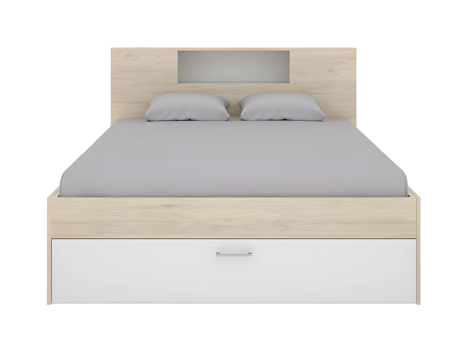 Lit avec tête de lit rangements et tiroirs - 160 x 200 cm - Coloris : Naturel et blanc - LEANDRE