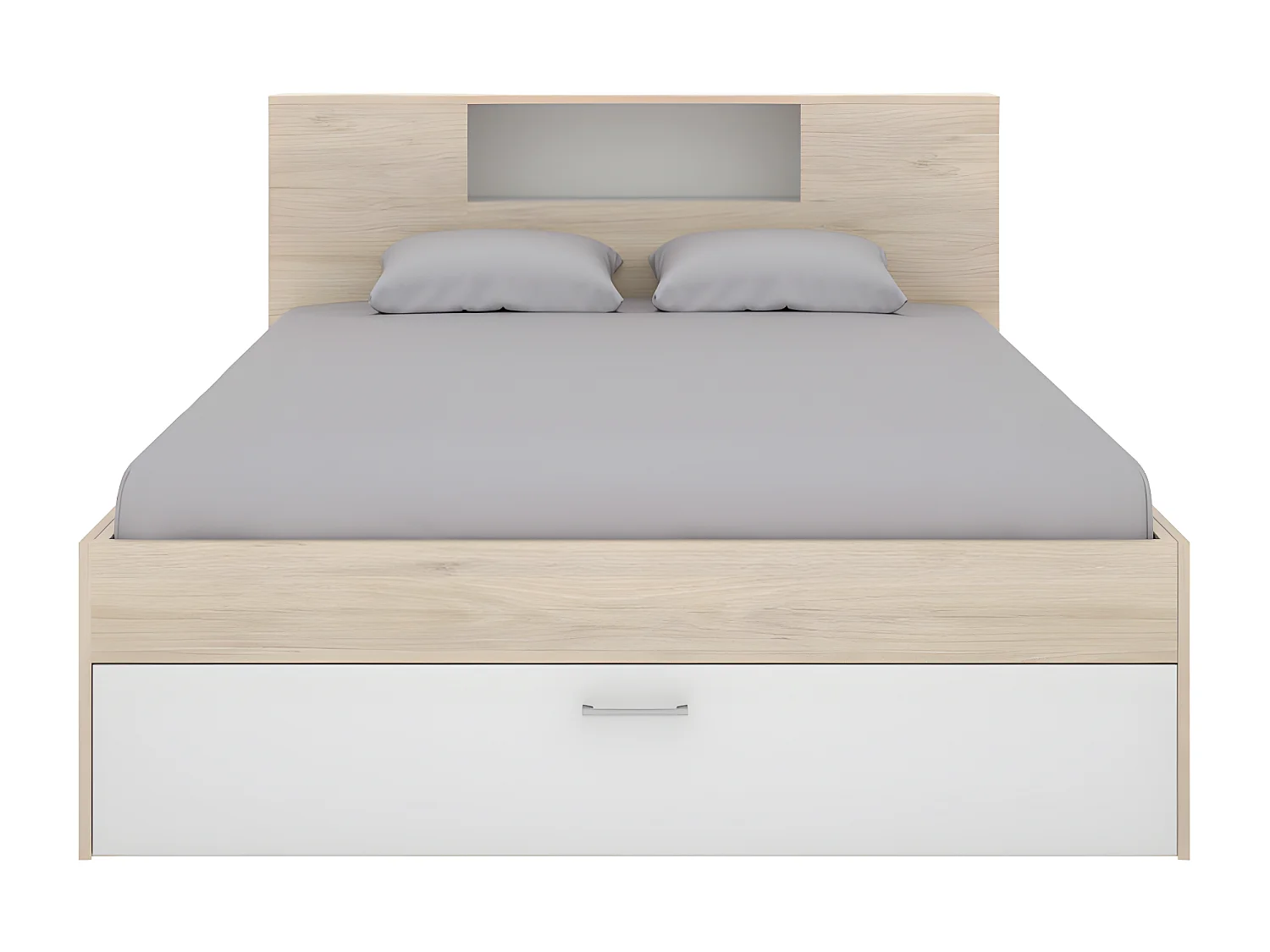 Lit avec tête de lit rangements et tiroirs - 160 x 200 cm - Coloris : Naturel et blanc - LEANDRE