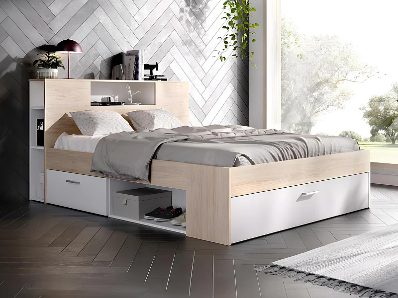 Letto con testata, vani portaoggetti e cassetti 160 x 200 cm Bianco e Naturale - LEANDRE
