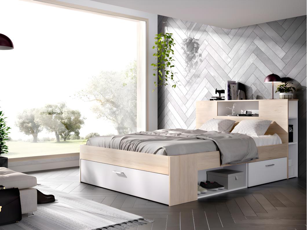 Lit avec tête de lit rangements et tiroirs - 160 x 200 cm - Coloris : Naturel et blanc - LEANDRE