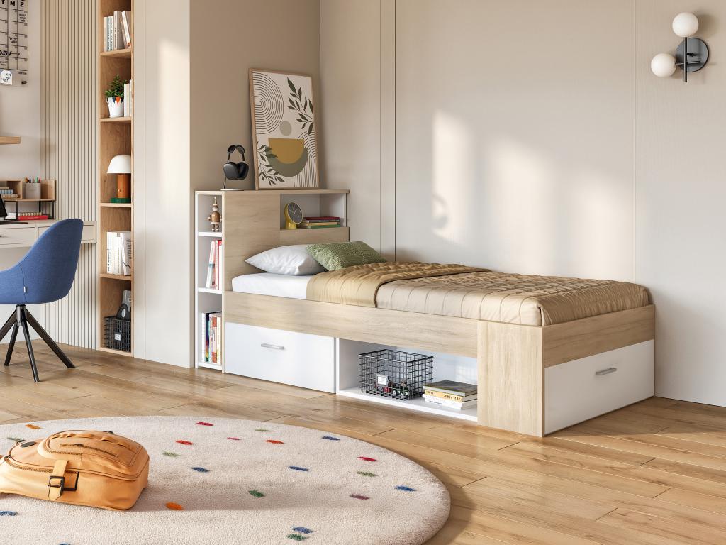 Bett mit Kopfteil, Stauraum & Schublade - 90 x 190 cm - Weiß & Naturfarben günstig online kaufen