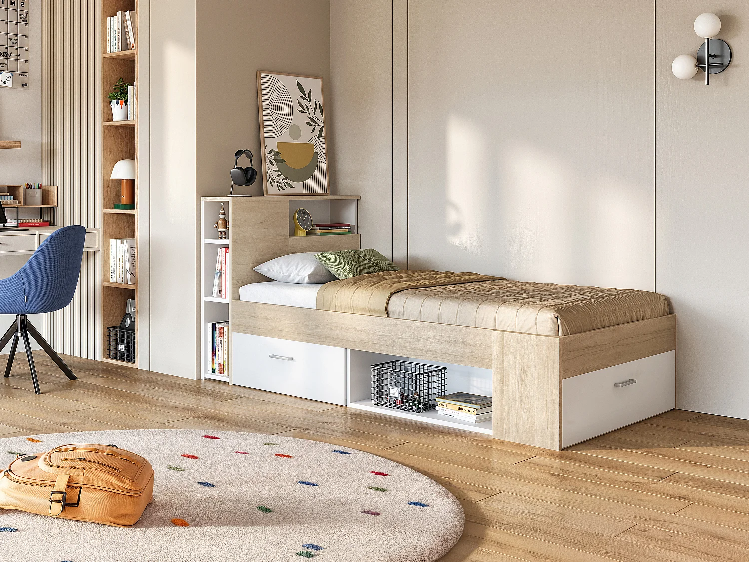 Lit avec tête de lit rangements et tiroir - 90 x 190 cm - Blanc et Naturel - LEANDRE