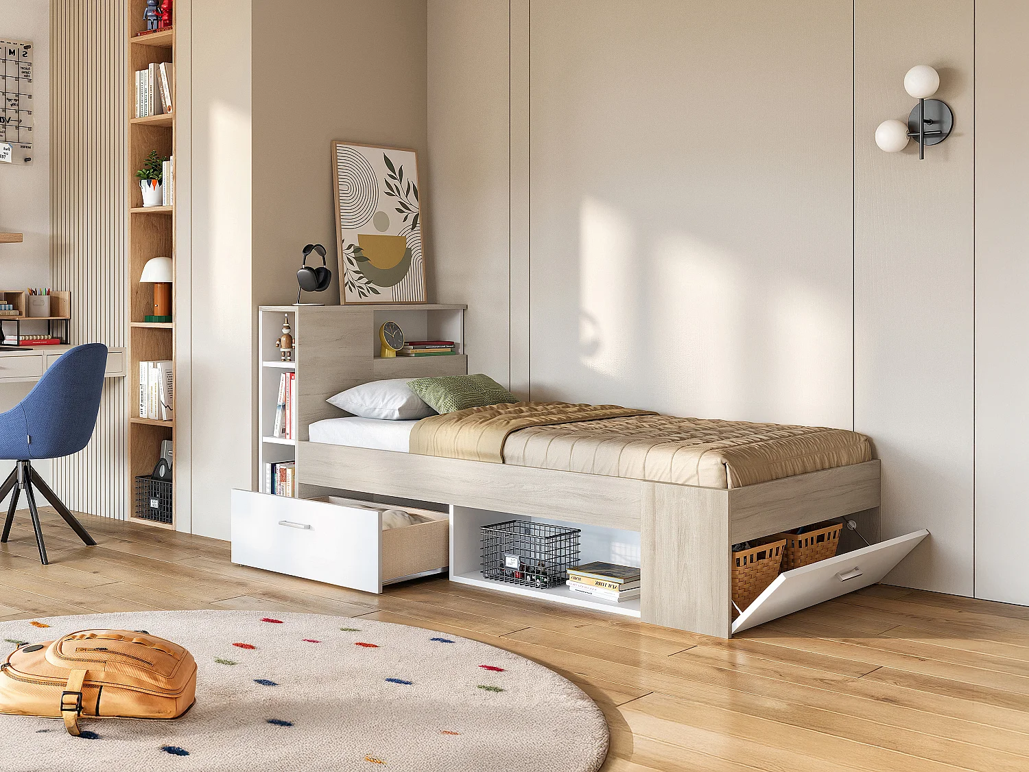 Cama con cabecero con compartimentos y cajón - 90 x 190 cm - blanco y natural - LEANDRE