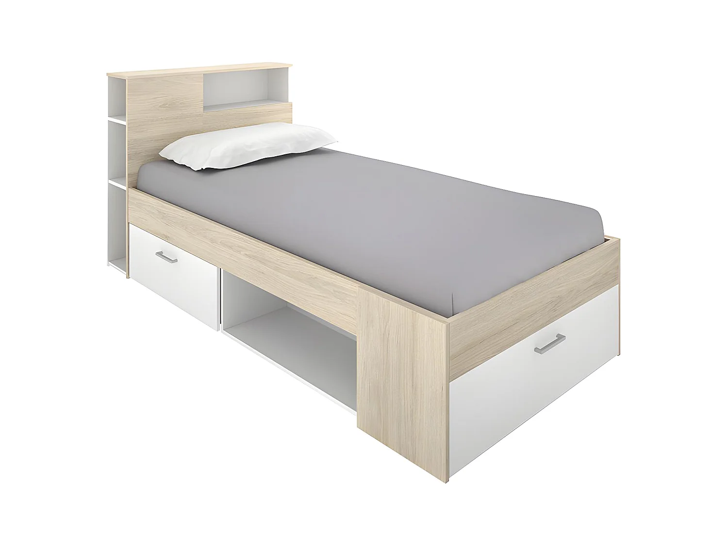 Cama con cabecero con compartimentos y cajón - 90 x 190 cm - blanco y natural - LEANDRE