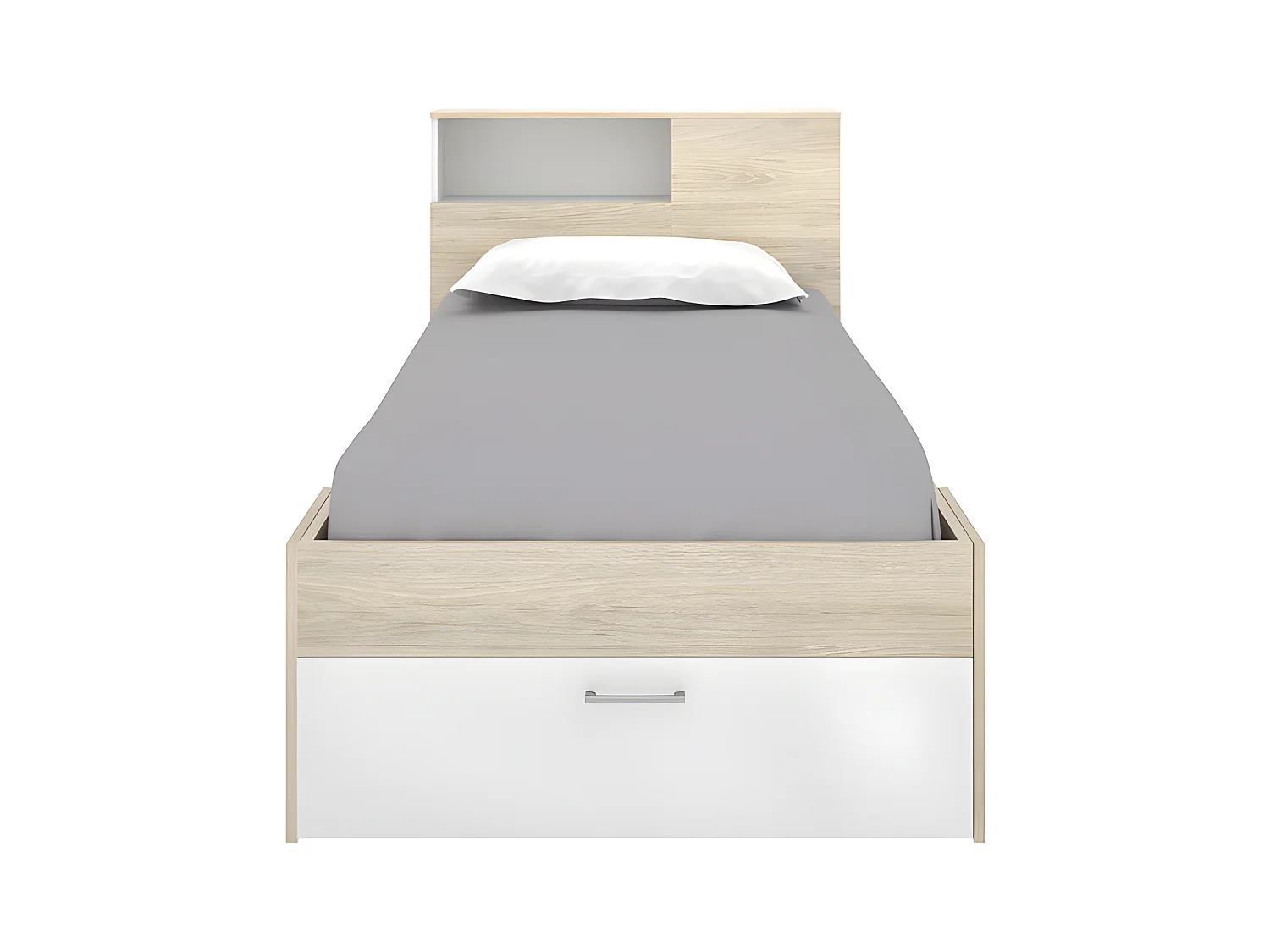 Cama con cabecero con compartimentos y cajón - 90 x 190 cm - blanco y natural - LEANDRE