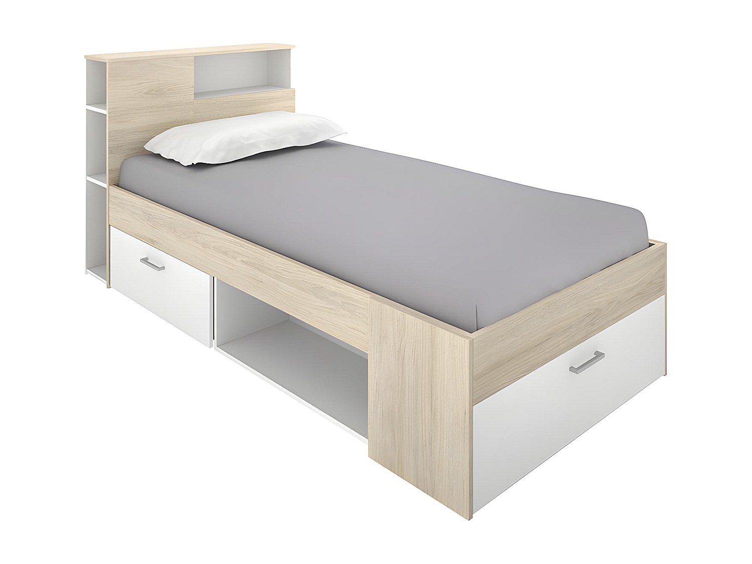 Bett mit Kopfteil, Stauraum & Schublade - 90 x 190 cm - Weiß & Naturfarben günstig online kaufen