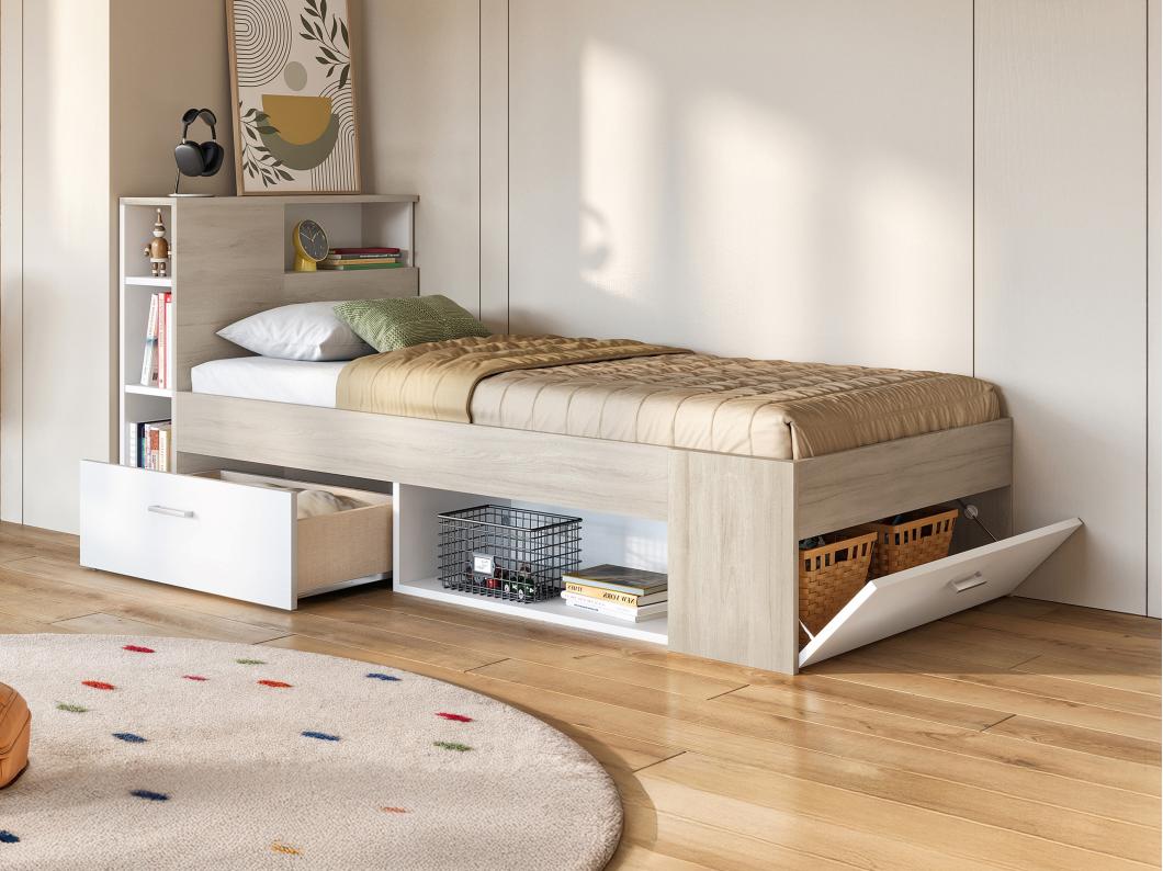 Lit avec tête de lit rangements et tiroir - 90 x 190 cm - Blanc et Naturel - LEANDRE